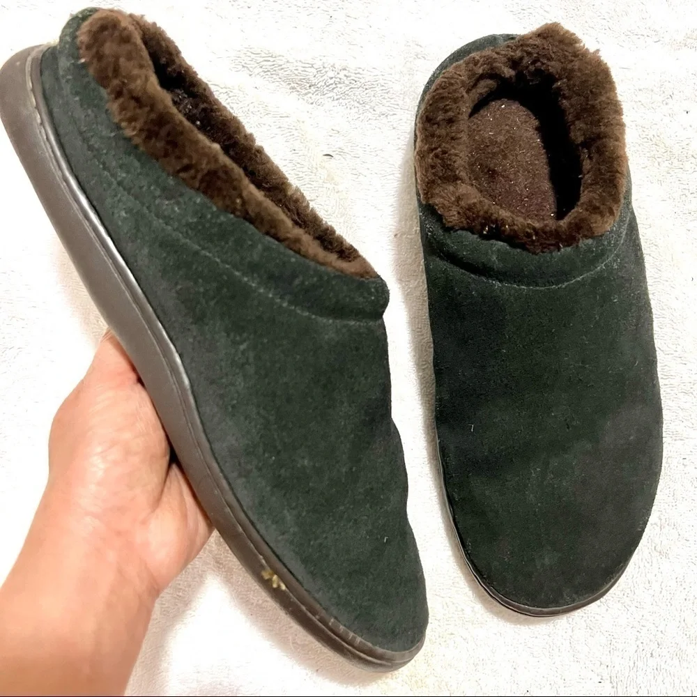 Lands' End Men's Suede Shearling Fur Clog Slippers - Black brown size 9.5